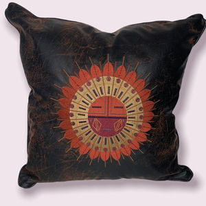 Faux Leather Throw Pillow 18x18 Embroidered Boho Home Decor Brown Orange
